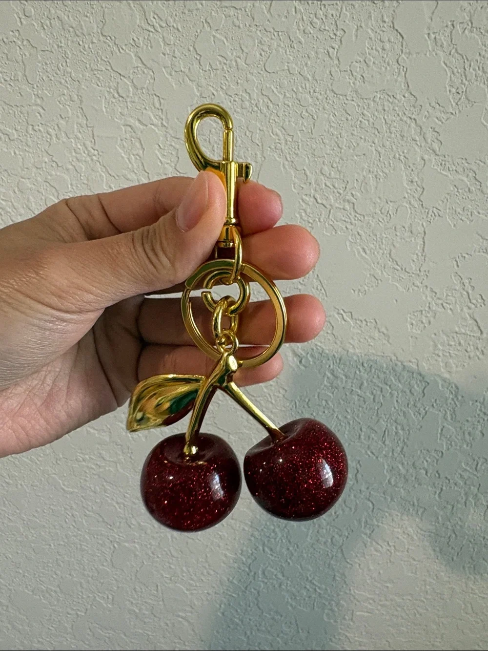 NWOT Gold Cherry Keychain Bag Charm with Red Glitter Cherries